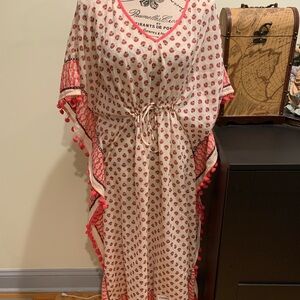 J. Jill White and pink peach sheer boho cover up with Pom Poms